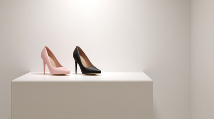 Fashion shoes displayed on minimalist pedestal, studio lighting, f/8.0, clean product showcase with soft shadow --ar 16:9 --v 7.0 --style raw --c 20 --s 20