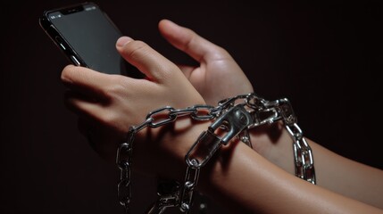 Chained to Connectivity: A person's hands are bound by a chain while holding a smartphone, symbolizing the concept of technology addiction and the loss of freedom. Generative AI