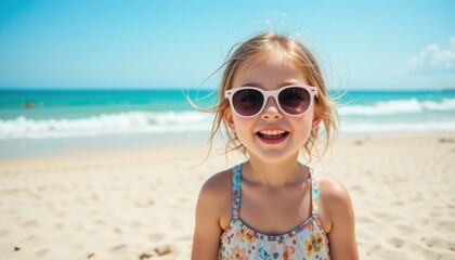 Joyful young girl enjoying sunny beach day with sunglasses smiling carefree in summer outdoor setting capturing childhood happiness and outdoor leisure fun