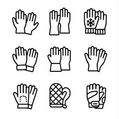 Fototapeta premium Glove Icon Collection. Outline icon set of gloves types: latex gloves, rubber gloves, winter gloves, gardening gloves, welding