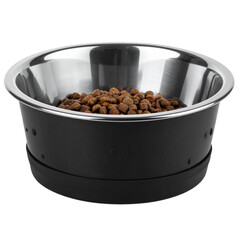 metallic pet bowl with a non-slip black rubber base. isolated on transparent png