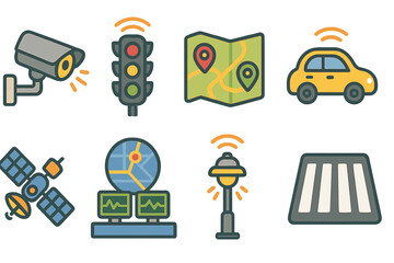 Smart Traffic Icons. Flat vector mini-illustrations AI traffic systems in colors children's illustrations: