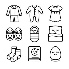 Children's Sleepwear Icons. Outline icon set of sleepwear for children: kids pajamas, baby onesie, child nightgown, cartoon