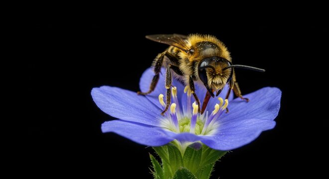 Close-up bee pollinating a vibrant blue flower on a black background