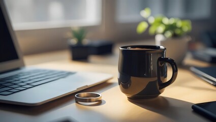 Productive Morning at a Home Office with a Laptop, Coffee, and a Wedding Ring

