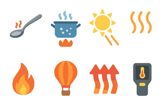 Heat Transfer Icons. Flat vector mini-illustrations heat transfer methods in colors children's illustrations: conduction (metal