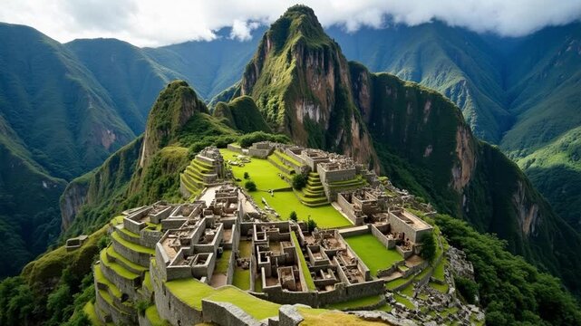 Stunning aerial view of Machu Picchu, Peru, showcasing Incan terraces nestled on a mountain ridge amidst a vibrant cloud forest, 4k video footage.