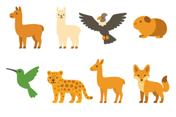 Fototapeta premium Inca Animals Icons. Flat vector mini-illustrations Inca animals in colors children's illustrations: llama, alpaca, condor, guinea