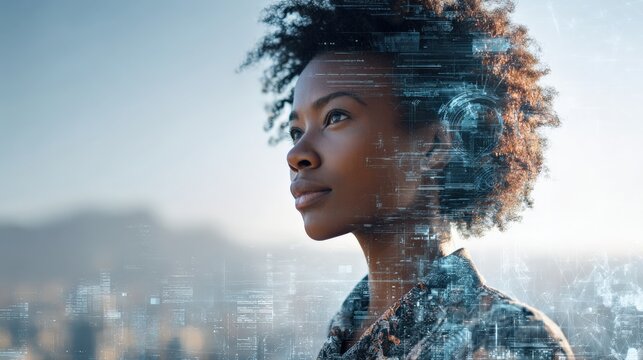 Woman's Vision: A determined woman gazes confidently towards the future with a modern urban backdrop, symbolizing strength, vision, and hope.  Generative AI