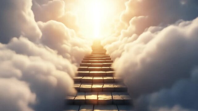 Ladder or way heavens gate in paradise. After life concept. Stairs to heaven in beautiful blue cloudy sky. God light. Stairway through clouds leading to heavenly light in spiritual fantasy. Religion