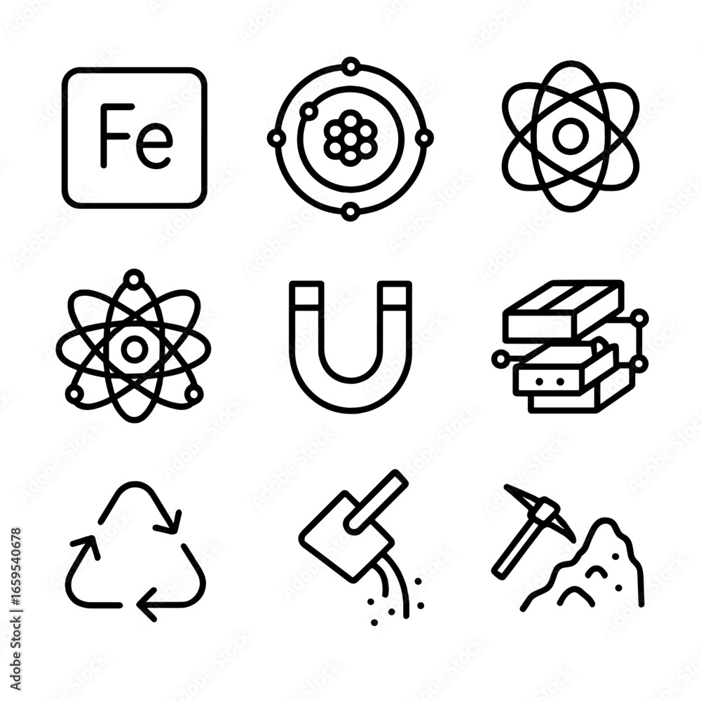 Poster iron concept icons. outline icon set of atomic number 26 concepts: fe element symbol, electron shell
