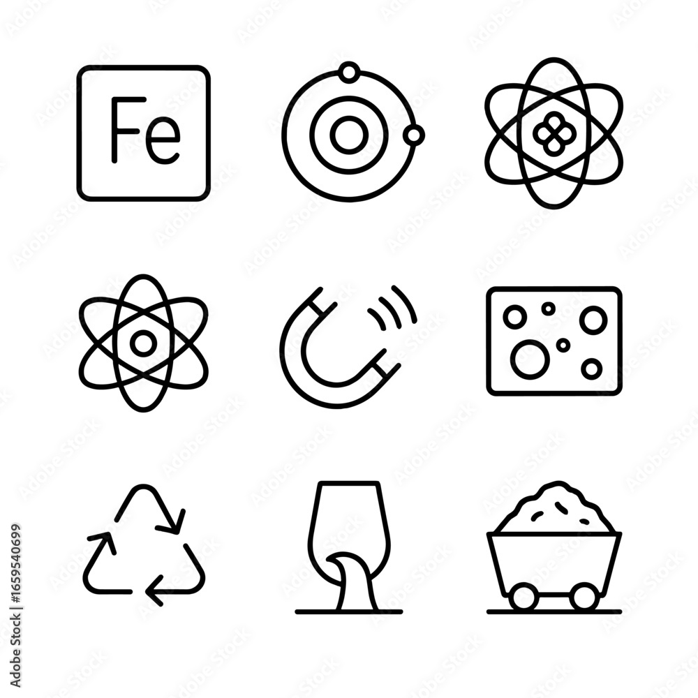 Poster iron concept icons. outline icon set of atomic number 26 concepts: fe element symbol, electron shell