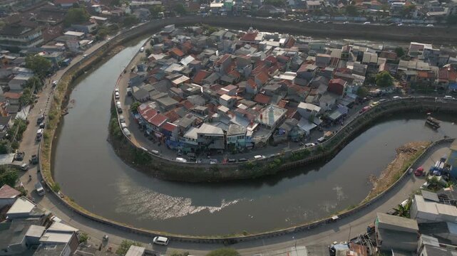 Tebet Neighborhood Peninsula Surrounded By Canal In Jakarta Drone Track Right 4K 60FPS