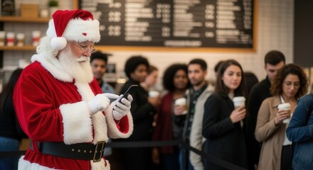 Santa Claus using smartphone in busy coffee shop queue
