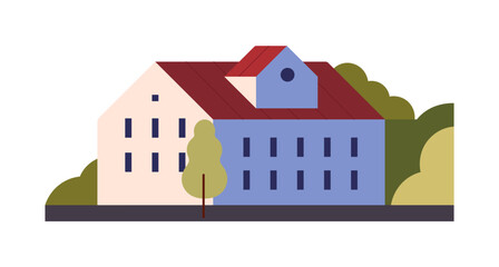 Municipal building at geometric suburban landscape. Residential house, cottage in city, suburb. Urban villa in little town, cityscape, province. Flat isolated vector illustration on white background