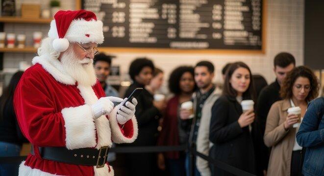 Santa Claus using smartphone in busy coffee shop queue - Powered by Adobe