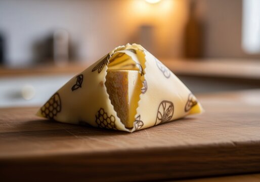Cheese wrapped in decorative beeswax cloth on wooden kitchen counter