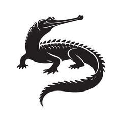 Elegant Gharial Silhouette Highlighting Sharp Teeth and Aquatic Predator Form – Gharial Illustration – Silhouette of Gharial