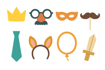 Kids' Party Props. Flat vector mini-illustrations funny cutouts in colors children's illustrations: paper crown, silly glasses,