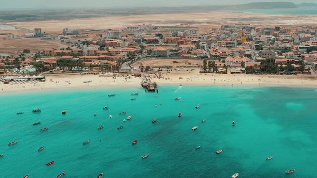Santa Maria Town And Pier On The Sal Island, Cape Verde, Africa. Aerial Wide Shot