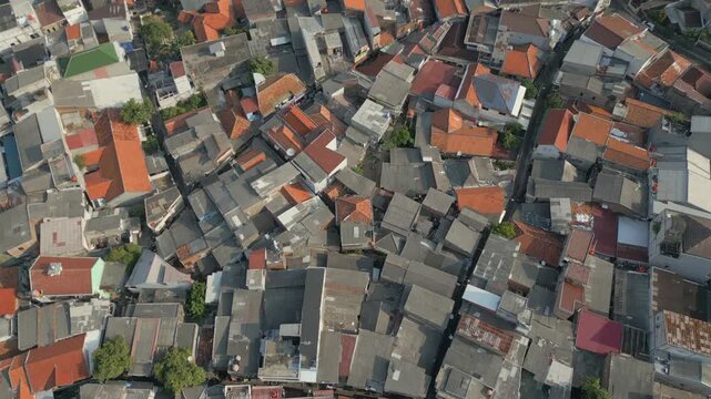 Densely Packed Neighborhood Of Tebet Jakarta Indonesia From Above Drone Birdseye Track Forward 4K 60FPS