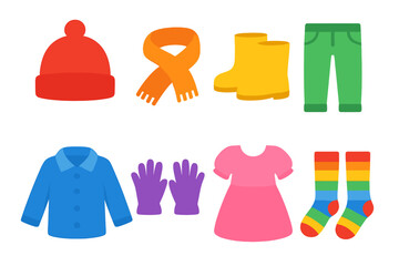 Colorful Kids' Clothing Grid. Flat vector mini-illustrations color-themed clothing in colors children's illustrations: red hat,