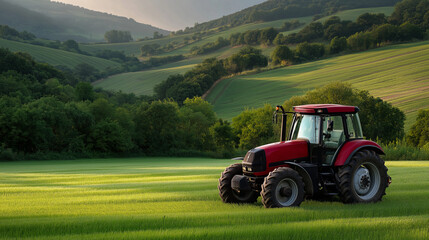Obraz premium A tractor working in green fields with gentle lighting