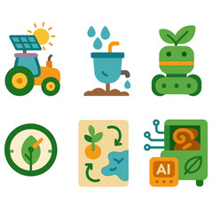 Sustainable Farming Icons. Flat vector mini-illustrations sustainable smart farming in colors children's