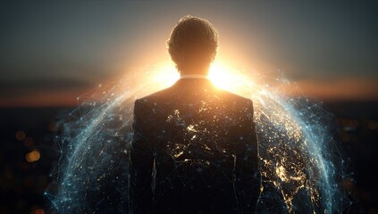 Businessman silhouette, sunset cityscape, global network, future vision