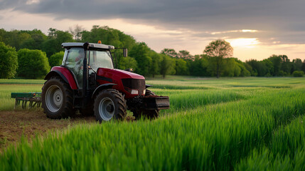 Obraz premium A productive farming scene with a tractor in green fields