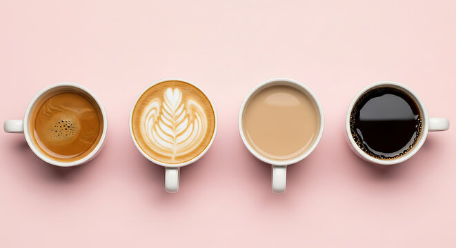 Variety of coffee drinks including latte macchiato and black coffee on pink background