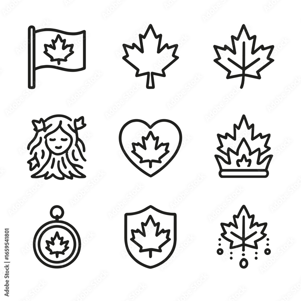 Aufkleber maple leaf icon set. outline icon set of maple tree folklore and symbols: maple leaf flag, maple lea