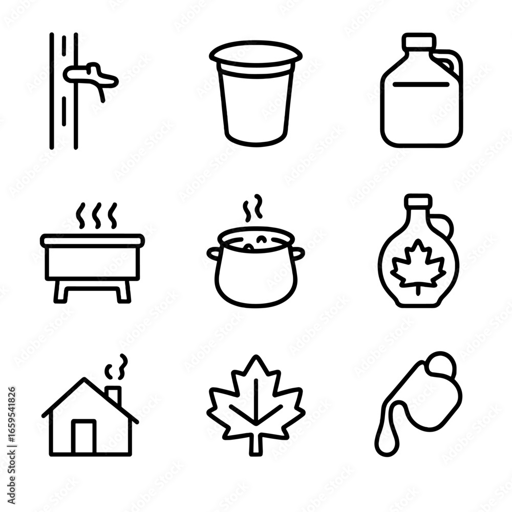 Poster maple syrup icons. outline icon set of maple syrup production: maple tap, sap bucket, sap collection