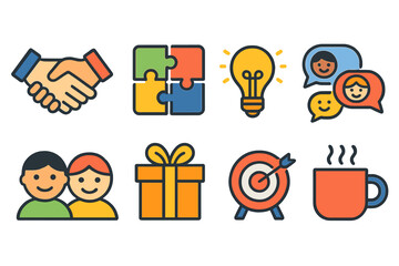 Team Building Icons. Flat vector mini-illustrations team building activities in colors children's