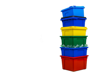 A tall stack of colorful plastic recycling bins, including blue, yellow, green, and red containers, with bottles visible in one bin, against a white background.
