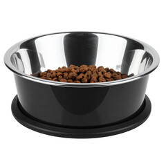 metallic pet bowl with a non-slip black rubber base. isolated on transparent png