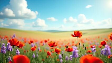 Obraz premium A vibrant field of red poppies and purple wildflowers stretches out under a bright summer sky.
