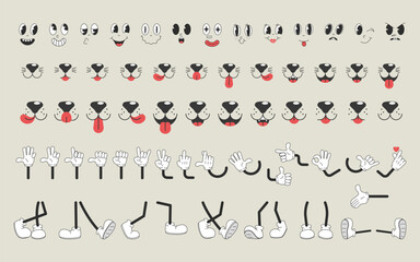 Collection of comic faces in different emotions, faces of cats and dogs, legs and arms for retro characters of 70s. Cartoon character eyes, mouth, nose, legs and arms in different poses.