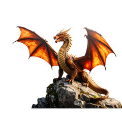 Majestic red dragon perched atop a rock. isolated on transparent png