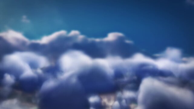 Fluffy white clouds fly-through intro. Soft, fluffy clouds gently float in deep blue sky, creating a tranquil and dreamy atmospheric intro. Ideal for show and event trailers or logo compositions.
