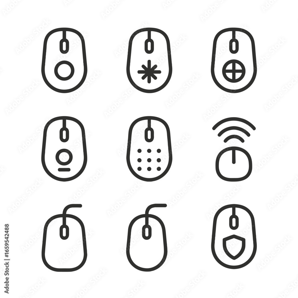 Poster mouse sensor icons. outline icon set of mouse sensors: optical sensor, laser sensor, high-precision 