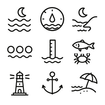 Moon and Tides Icons. Outline icon set of moon and tides: ocean waves, tide clock, coastal line, moon phases, water level, marine