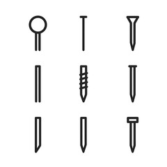 Nail Icons Outline. Outline icon set of nail components: nail head, nail shaft, nail point, smooth shank, ring shank, spiral shank