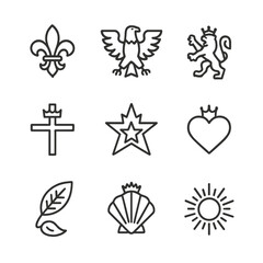 Crown and Seedling Icons. Outline icon set of crown associated animals and motifs: fleur-de-lis, eagle, lion, cross, star, heart,