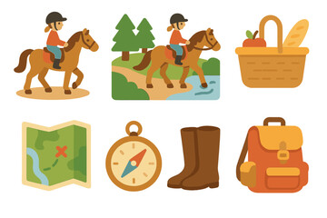 Trail Riding Icons. Flat vector mini-illustrations Trail riding and outdoor equestrian activities in colors