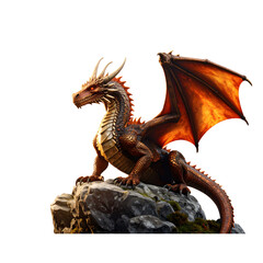  Majestic red dragon perched atop a rock. isolated on transparent png 