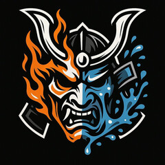 Obraz premium Stylized esport clan logo of a samurai mask half on fire and half soaked in water