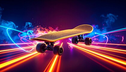 Dynamic Skateboard with Neon Light Trails and Abstract Colorful Background