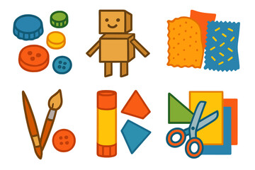 Upcycled Art Icons. Flat vector mini-illustrations Upcycled art using everyday items in colors children's