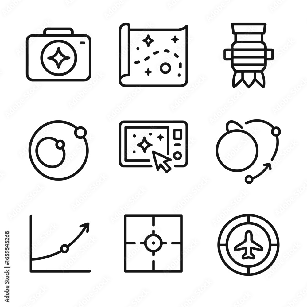 Poster deep space icons. outline icon set of deep space navigation: star tracker, celestial map, spacecraft
